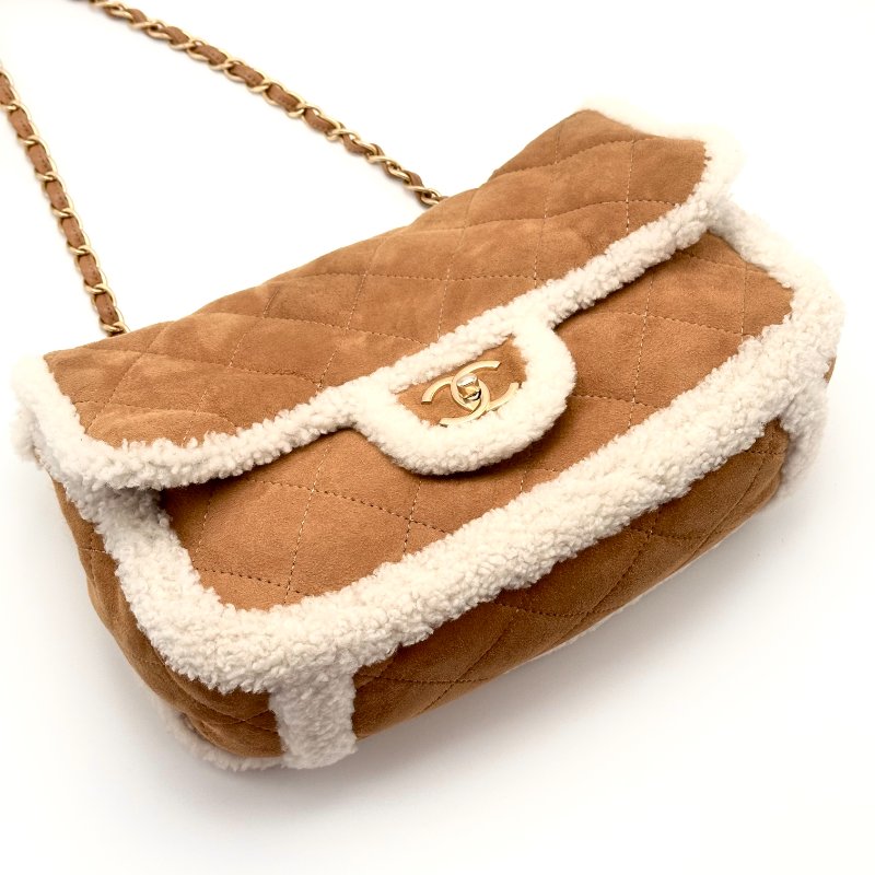 CHANEL CF jumbo麂皮拼羊羔毛 金扣手提肩背斜背包33*20*12 98新配件盒子 保卡 塵袋-4