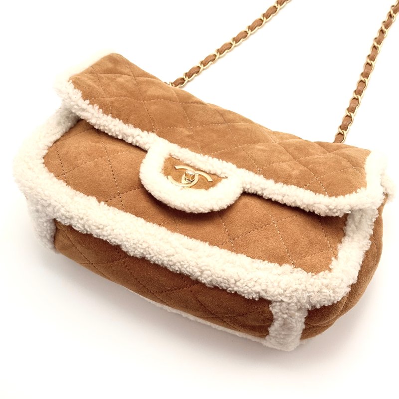 CHANEL CF jumbo麂皮拼羊羔毛 金扣手提肩背斜背包33*20*12 98新配件盒子 保卡 塵袋-5