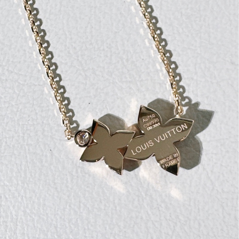 LV路易威登 Star Blossom系列 18K金滿鑽雙花四葉草花卉項鍊-6