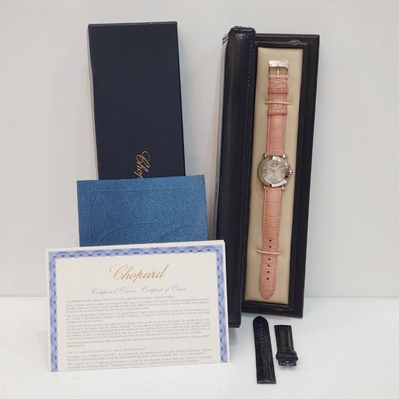 【大眾名錶】CHOPARD蕭邦 Happy Sport 快樂鑽 278509-3004 原廠5顆跑鑽 白貝殼面 2012/07 原廠皮帶/錶扣 B1241-9