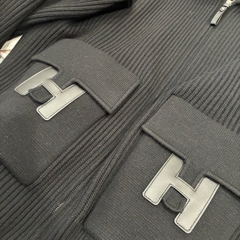 愛馬仕Hermes 必買 h皮革 針織羊絨黑色外套 尺寸38 吊牌在❤️-4