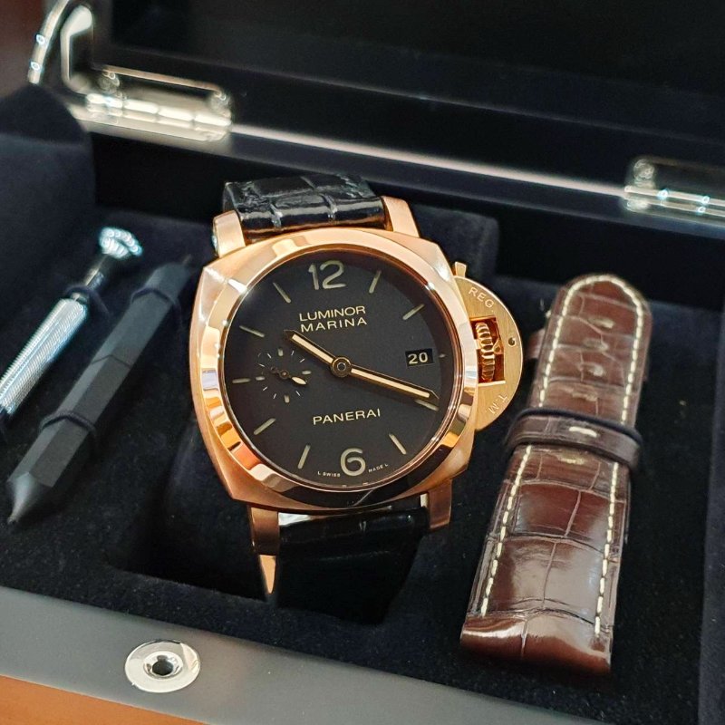 【大眾名錶】PANERAI沛納海 PAM00393 LUMINOR1950系列 2014/01 18K玫瑰金 煙草三明治面盤 底蓋裸空 G234-2