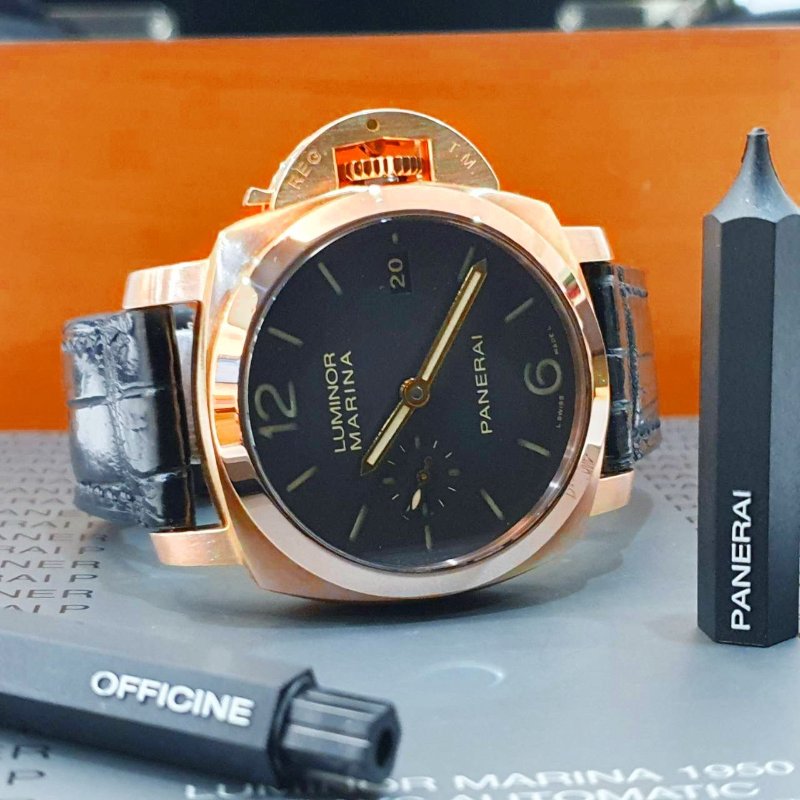 【大眾名錶】PANERAI沛納海 PAM00393 LUMINOR1950系列 2014/01 18K玫瑰金 煙草三明治面盤 底蓋裸空 G234-3