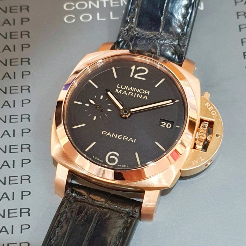 【大眾名錶】PANERAI沛納海 PAM00393 LUMINOR1950系列 2014/01 18K玫瑰金 煙草三明治面盤 底蓋裸空 G234-4