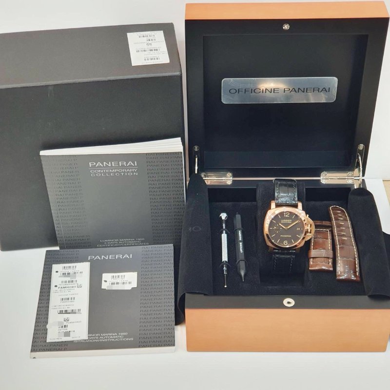 【大眾名錶】PANERAI沛納海 PAM00393 LUMINOR1950系列 2014/01 18K玫瑰金 煙草三明治面盤 底蓋裸空 G234-9