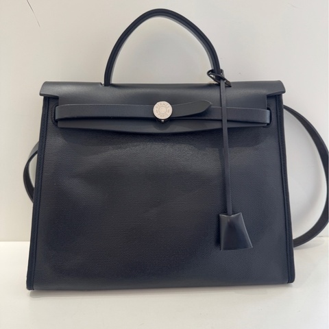 HERMES愛馬仕 herbag31防水布黑銀 外縫線 手提斜挎包