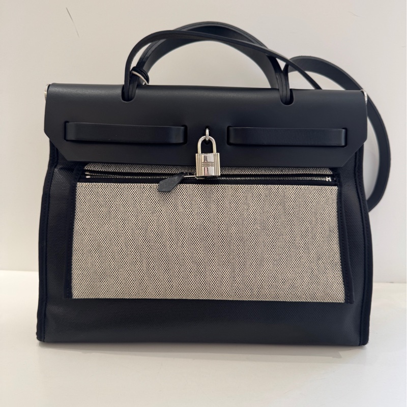 HERMES愛馬仕 herbag31防水布黑銀 外縫線 手提斜挎包-1