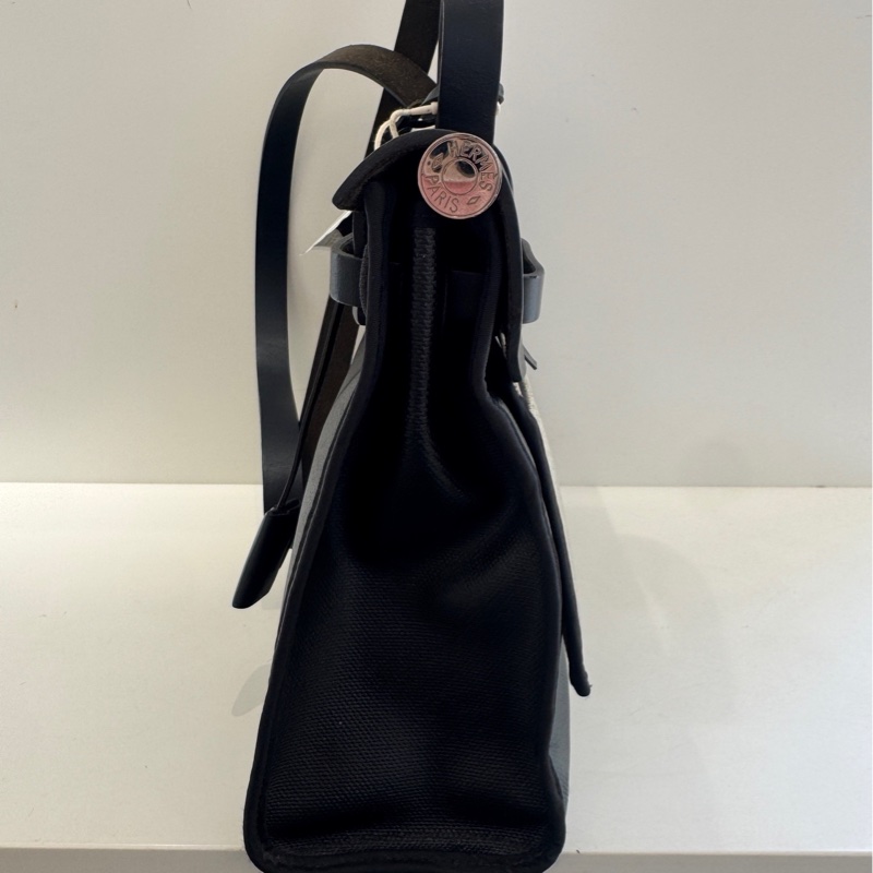 HERMES愛馬仕 herbag31防水布黑銀 外縫線 手提斜挎包-2