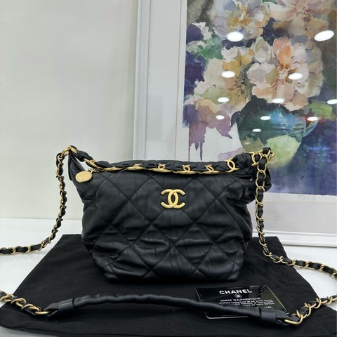 CHANEL 香奈兒 21S 黑金流浪hobo手提單肩斜背飯盒包 31開