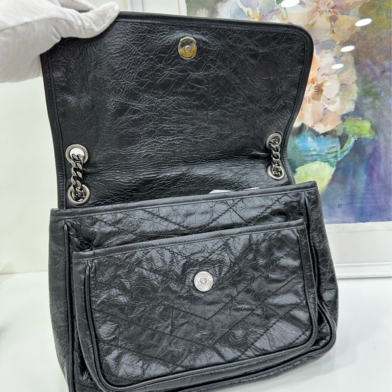 YSL 聖羅蘭Niki中號 黑色銀鍊 復古油蠟皮鏈條包-5