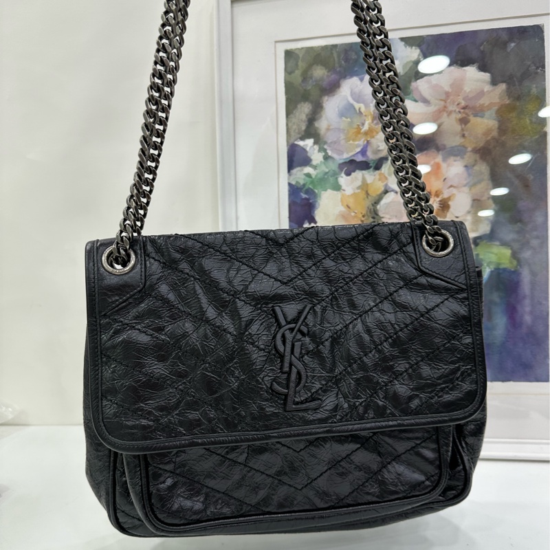 YSL 聖羅蘭Niki中號 黑色銀鍊 復古油蠟皮鏈條包-7