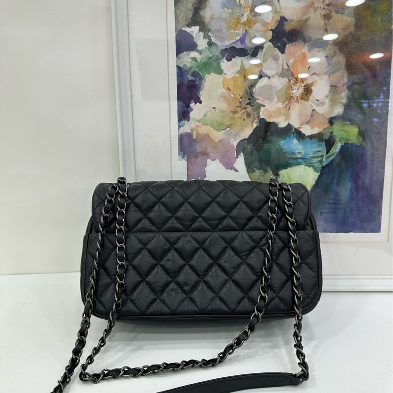 Chanel黑銀油蠟牛皮easy flap機場系列CF鏈條包 鐳射21開-2