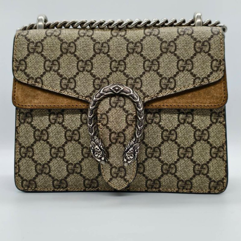 GUCCI 老花酒神包拚麂皮霧銀釦(19*3*15)-0