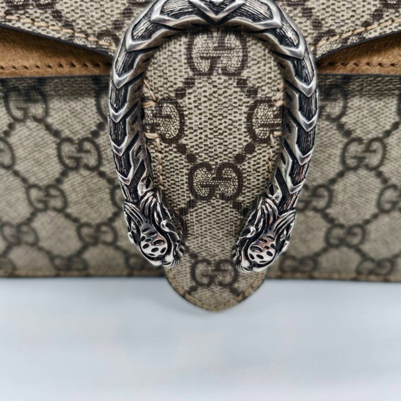 GUCCI 老花酒神包拚麂皮霧銀釦(19*3*15)-12