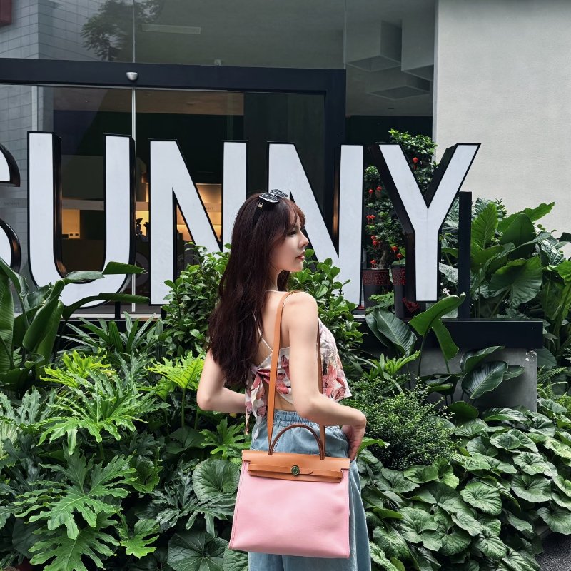 HERMES 帆布拼皮銀扣herbag31 子母手提斜背包31*25*11 98新配件塵袋 鎖鑰匙-1