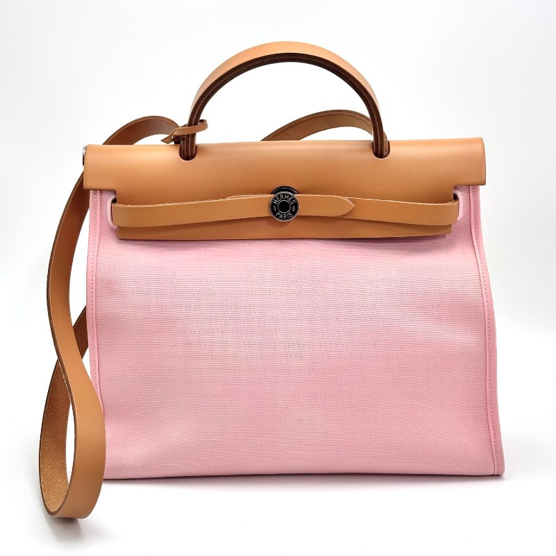 HERMES 帆布拼皮銀扣herbag31 子母手提斜背包31*25*11 98新配件塵袋 鎖鑰匙-2