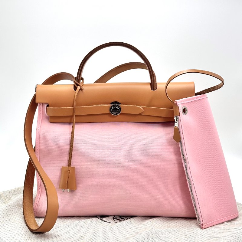 HERMES 帆布拼皮銀扣herbag31 子母手提斜背包31*25*11 98新配件塵袋 鎖鑰匙-3