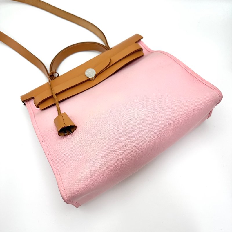 HERMES 帆布拼皮銀扣herbag31 子母手提斜背包31*25*11 98新配件塵袋 鎖鑰匙-4