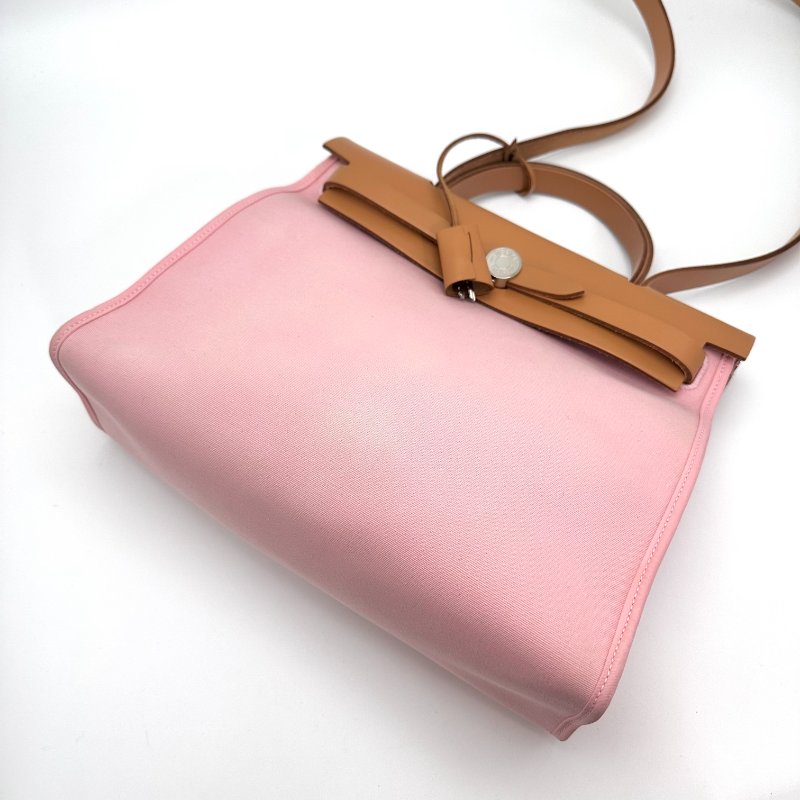 HERMES 帆布拼皮銀扣herbag31 子母手提斜背包31*25*11 98新配件塵袋 鎖鑰匙-5