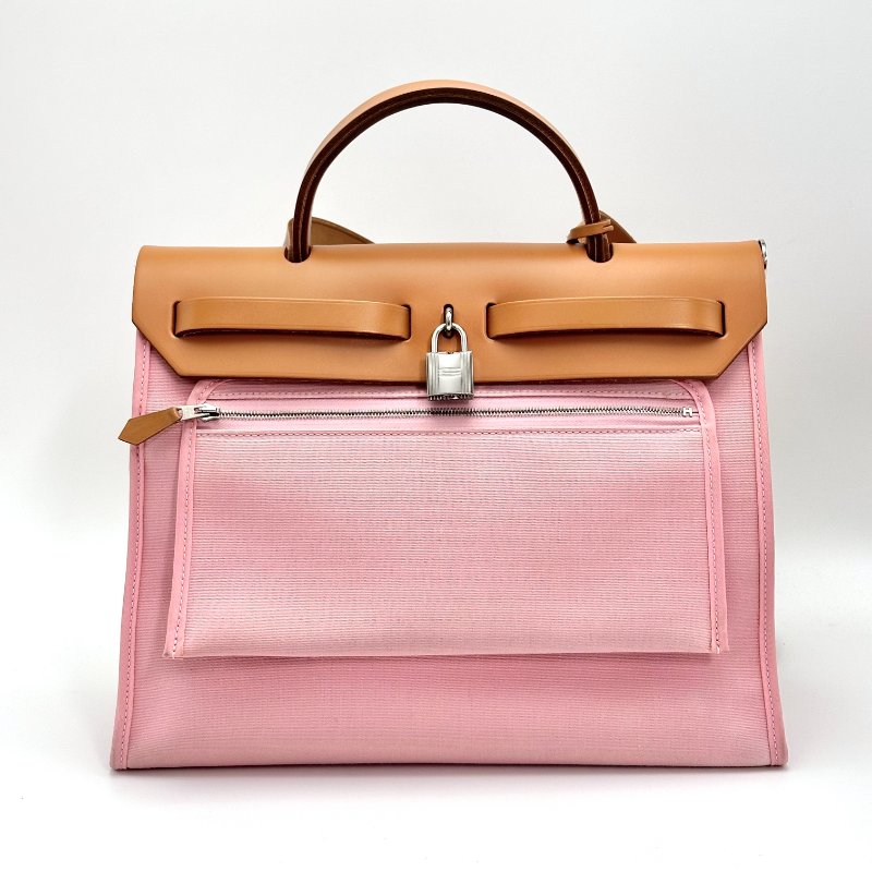 HERMES 帆布拼皮銀扣herbag31 子母手提斜背包31*25*11 98新配件塵袋 鎖鑰匙-7
