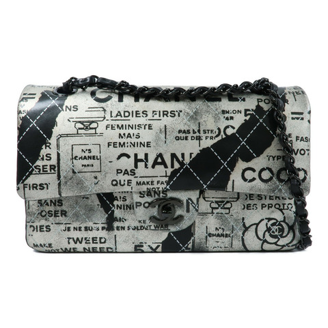 CHANEL 羊皮皮革Newspaper Graffiti ouble Flap Bag鏈帶肩背袋