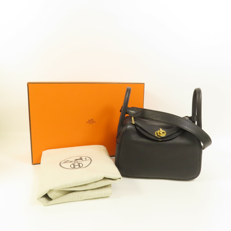 HERMES Clemence皮革Mini Lindy金扣手挽肩背兩用袋Noir-9