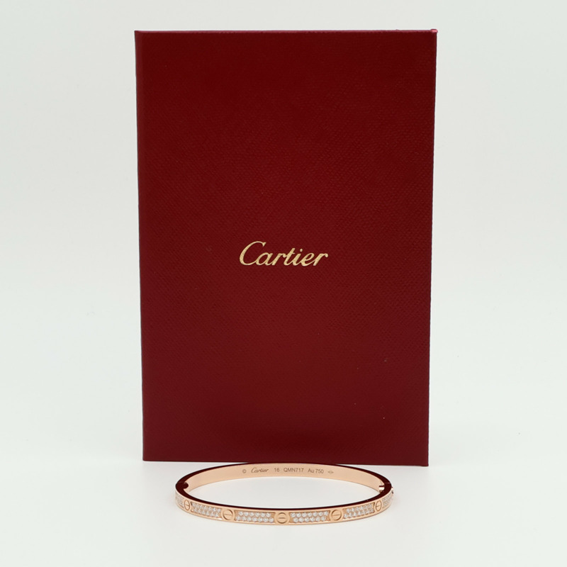 CARTIER 18K玫瑰金Love Bangle SM Paved鑽石手鐲Cartier#16-10