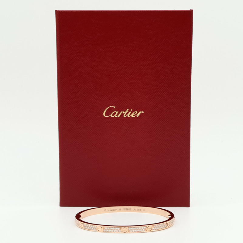 CARTIER 18K玫瑰金Love Bangle SM Paved鑽石手鐲Cartier#16-10