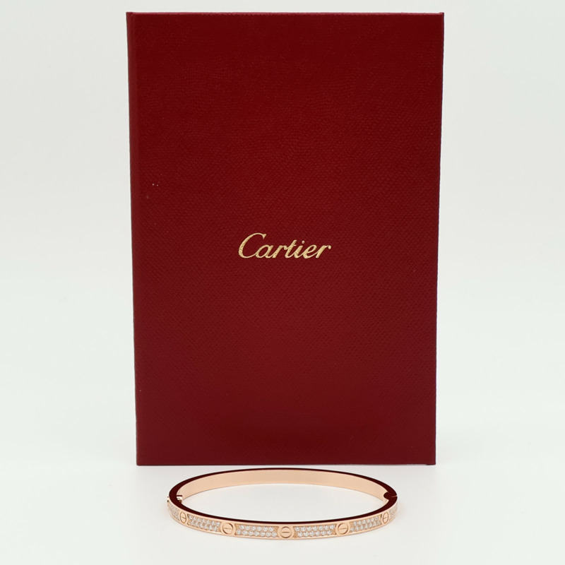 CARTIER 18K玫瑰金Love Bangle SM Paved鑽石手鐲Cartier#16-11