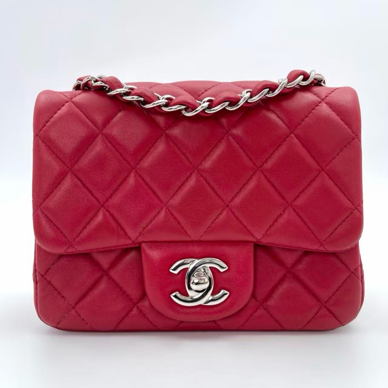 「JL精品代購」香奈兒紅色銀扣羊皮cf方胖子-0