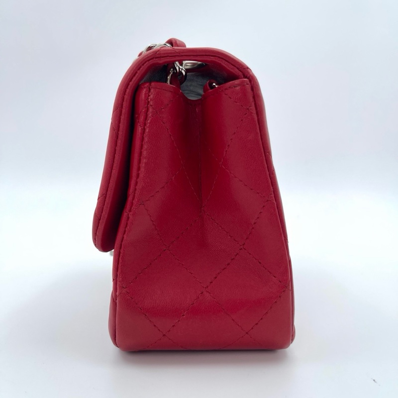 「JL精品代購」香奈兒紅色銀扣羊皮cf方胖子-5