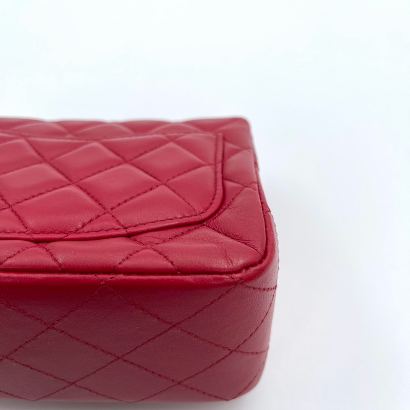 「JL精品代購」香奈兒紅色銀扣羊皮cf方胖子-11
