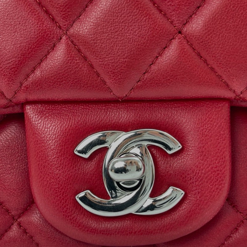 「JL精品代購」香奈兒紅色銀扣羊皮cf方胖子-13