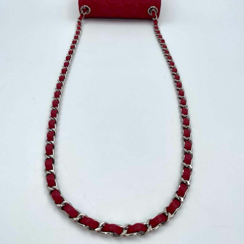 「JL精品代購」香奈兒紅色銀扣羊皮cf方胖子-14