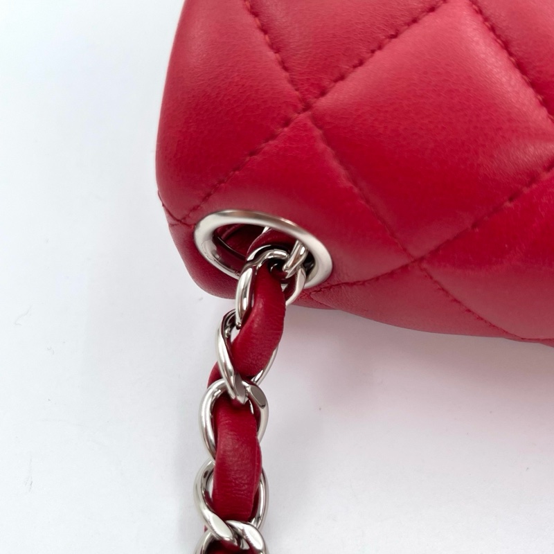「JL精品代購」香奈兒紅色銀扣羊皮cf方胖子-18