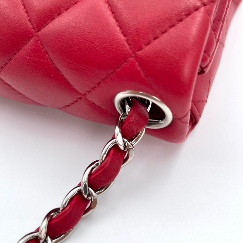 「JL精品代購」香奈兒紅色銀扣羊皮cf方胖子-19