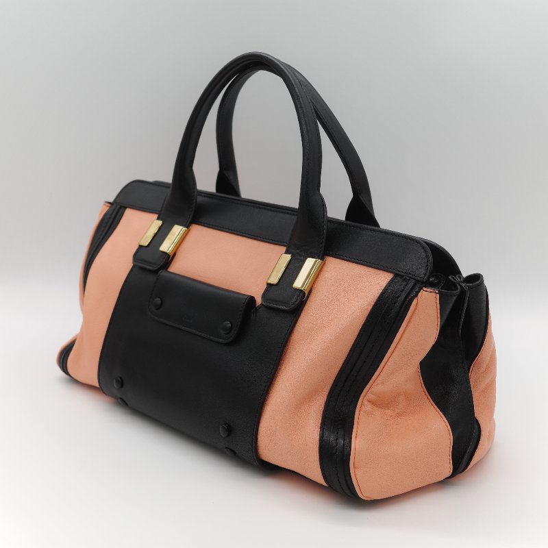 Chloé 蔻依 粉橘色 黑色牛皮 手提包 斜挎包-3