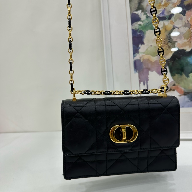 Dior/迪奧 Miss Caro 新款 黑金琺瑯鏈條包 尺寸18*12*5.5cm,黑色羊皮菱格紋 金色鏈條-8