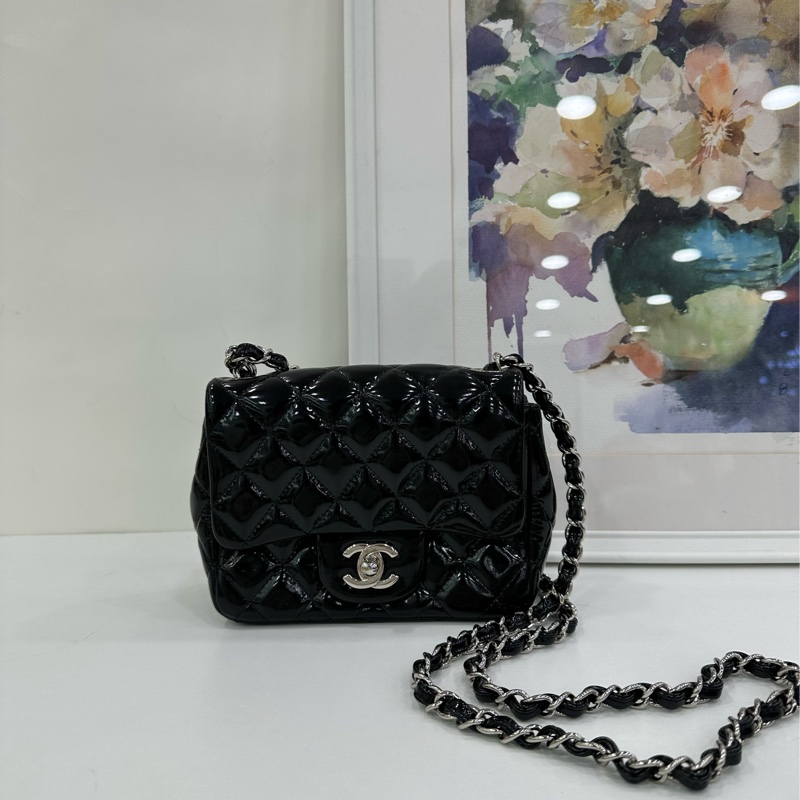 Chanel 香奈兒 黑銀漆皮方胖子鏈包16開-1
