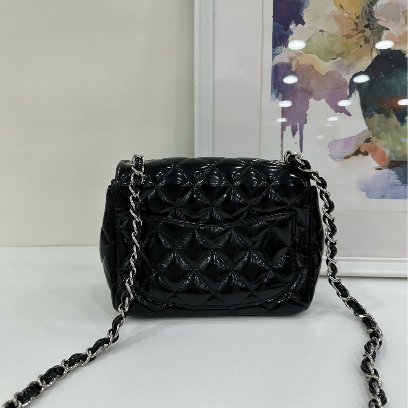 Chanel 香奈兒 黑銀漆皮方胖子鏈包16開-2