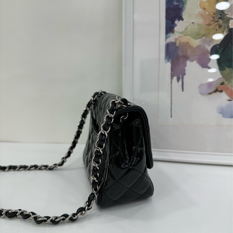 Chanel 香奈兒 黑銀漆皮方胖子鏈包16開-3