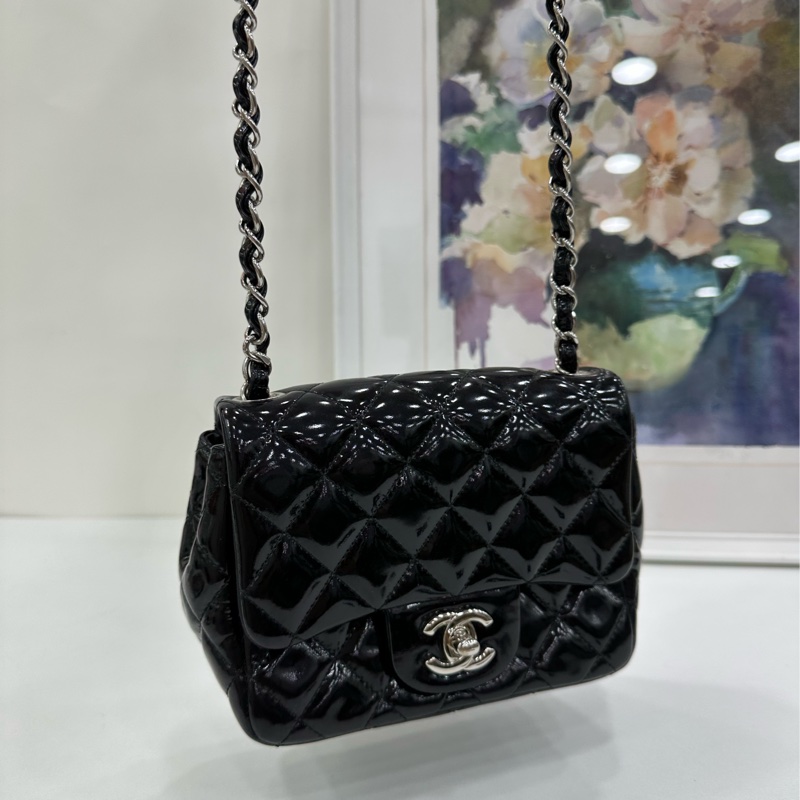 Chanel 香奈兒 黑銀漆皮方胖子鏈包16開-5