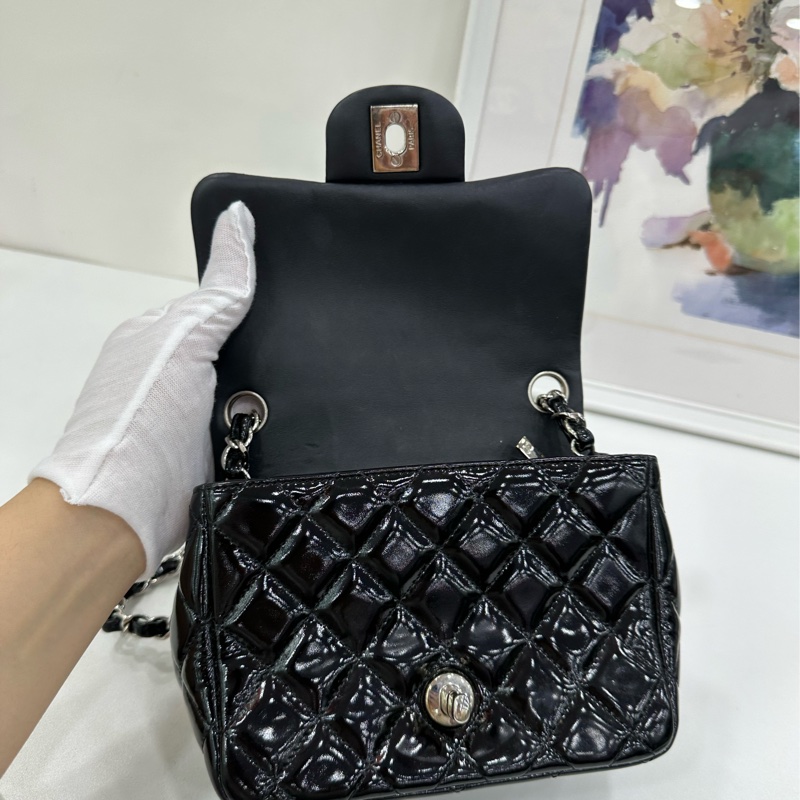Chanel 香奈兒 黑銀漆皮方胖子鏈包16開-6