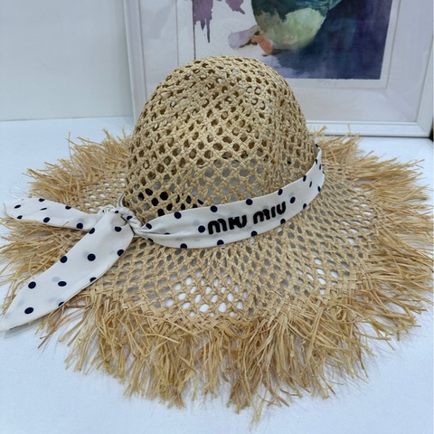 MiuMiu 繆繆 黃色logo字母波點編織草編帽 M碼