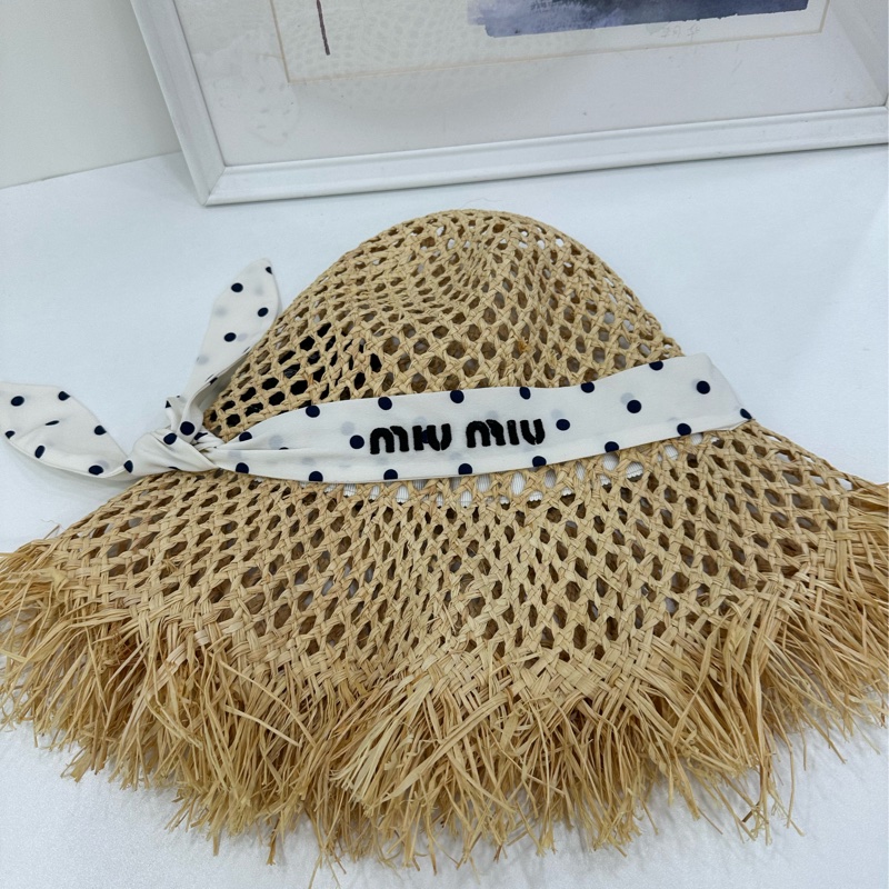 MiuMiu 繆繆 黃色logo字母波點編織草編帽 M碼-1