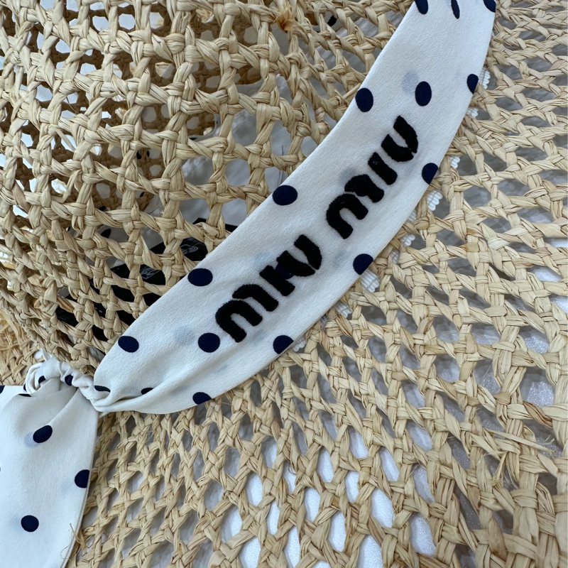 MiuMiu 繆繆 黃色logo字母波點編織草編帽 M碼-2