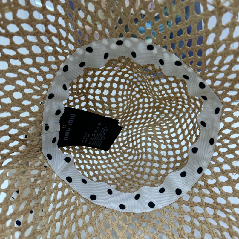 MiuMiu 繆繆 黃色logo字母波點編織草編帽 M碼-3