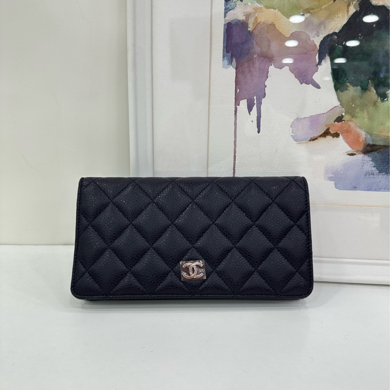 Chanel香奈兒 深藍荔枝皮 長款對折皮夾 18開 閒置-1