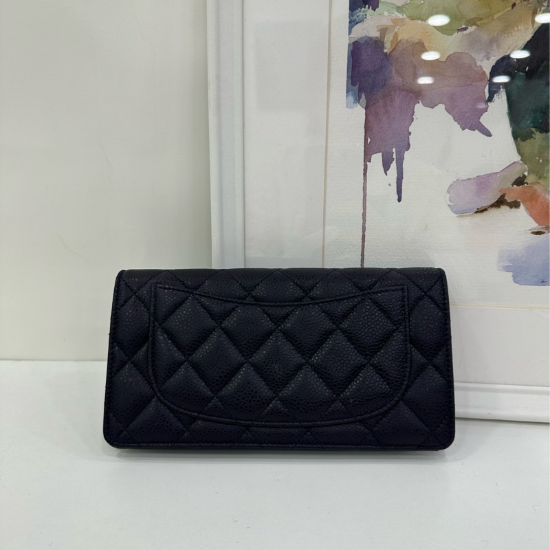 Chanel香奈兒 深藍荔枝皮 長款對折皮夾 18開 閒置-2