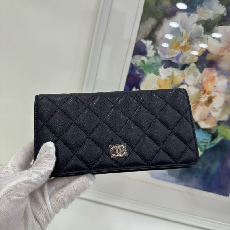 Chanel香奈兒 深藍荔枝皮 長款對折皮夾 18開 閒置-5